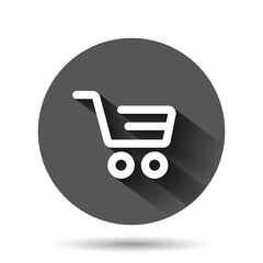 Shopping cart icon in flat style. Trolley vector illustration on black round background with long shadow effect. Basket circle button business concept.