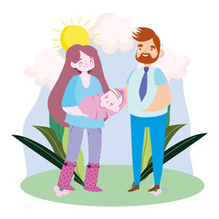 mom dad and baby son in the landscape, family day