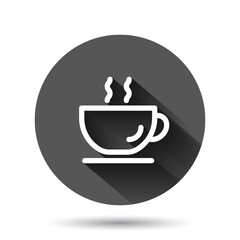 Coffee cup icon in flat style. Hot tea vector illustration on black round background with long shadow effect. Drink mug circle button business concept.