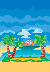 Fototapeta na wymiar background for the game of palm ship beach, island, sea, blue sky, vector illustration,