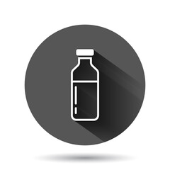 Bottle milk icon in flat style. Flask vector illustration on black round background with long shadow effect. Drink container circle button business concept.