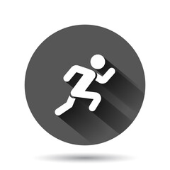 Run people icon in flat style. Jump vector illustration on black round background with long shadow effect. Fitness circle button business concept.