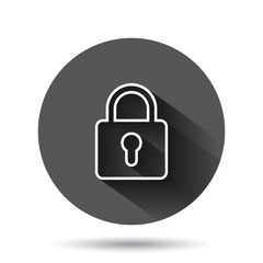 Padlock icon in flat style. Lock vector illustration on black round background with long shadow effect. Private circle button business concept.