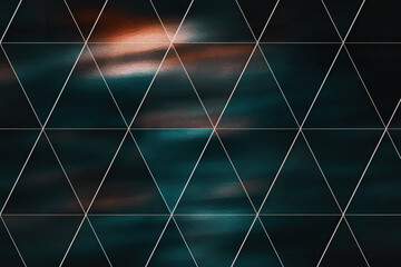 Beautiful metal background from triangles in different shades. The texture includes orange, turquoise and black. Original pattern of trendy colors for design.