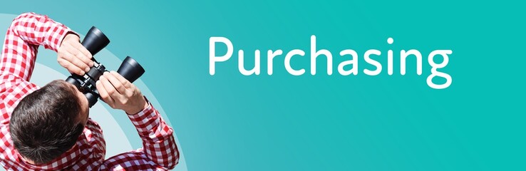 Naklejka premium Purchasing. Businessman (man) looks through binoculars. Birds eye view. Focus on text. Blue Background. Business, Finance, Statistics, Analysis, Economy