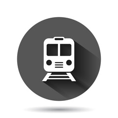Metro icon in flat style. Train subway vector illustration on black round background with long shadow effect. Railroad cargo circle button business concept.