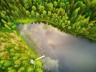Aerial view of Helgtrask lake in Sipoonkorpi national park of Finland