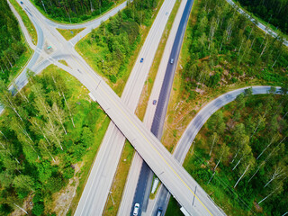 Aerial view of road interchange surrounded by forest in Finland, Northern Europe