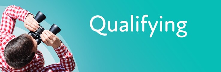 Naklejka premium Qualifying. Businessman (man) looks through binoculars. Birds eye view. Focus on text. Blue Background. Business, Finance, Statistics, Analysis, Economy