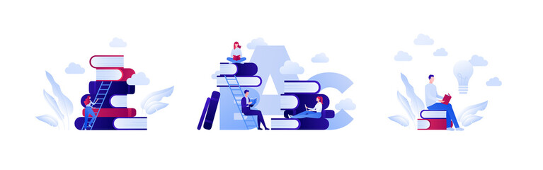 College education and book reading is ladder of success concept. Vector flat person illustration set. Collection of people character read, stack of book. Design for banner, infographic