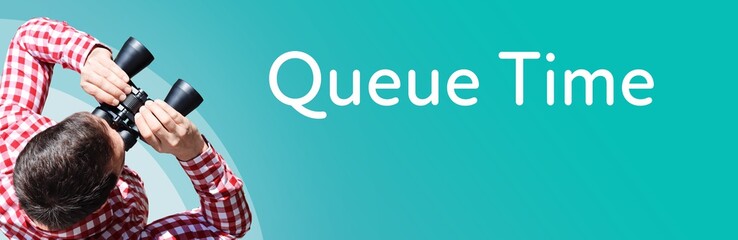 Naklejka premium Queue Time. Businessman (man) looks through binoculars. Birds eye view. Focus on text. Blue Background. Business, Finance, Statistics, Analysis, Economy