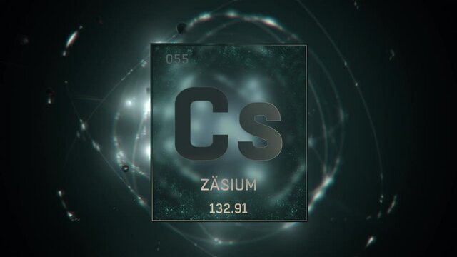Cesium as Element 55 of the Periodic Table. Seamlessly looping 3D animation on green illuminated atom design background orbiting electrons name, atomic weight element number in German language