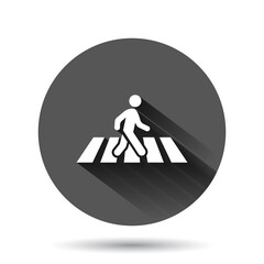 Pedestrian crosswalk icon in flat style. People walkway sign vector illustration on black round background with long shadow effect. Navigation circle button business concept.