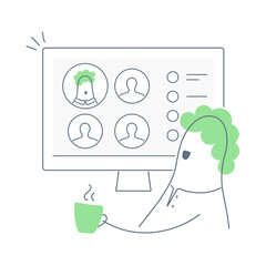 Videoconference, cute cartoon man sits in front of a computer monitor and makes a video conference call to his remote team. Flat thin outline cartoon vector illustration style