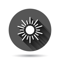 Sun icon in flat style. Sunlight sign vector illustration on black round background with long shadow effect. Daylight circle button business concept.