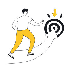 The movement towards the goal. The guy rushing along the arrow pointing to the sign of the target, business concept of goal and success. Flat clean outline vector illustration on white 