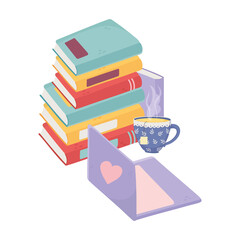 sweet home stack of books laptop and tea cup