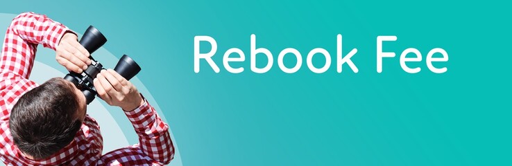 Fototapeta premium Rebook Fee. Businessman (man) looks through binoculars. Birds eye view. Focus on text. Blue Background. Business, Finance, Statistics, Analysis, Economy