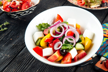 Fresh greek salad with vegetables cheese olives 