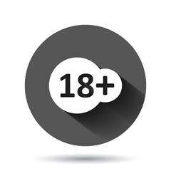Eighteen plus icon in flat style. 18+ vector illustration on black round background with long shadow effect. Censored circle button business concept.