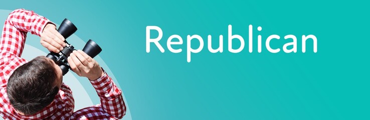 Naklejka premium Republican. Businessman (man) looks through binoculars. Birds eye view. Focus on text. Blue Background. Business, Finance, Statistics, Analysis, Economy