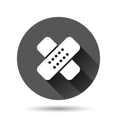 Bandage icon in flat style. Plaster vector illustration on black round background with long shadow effect. First aid kit circle button business concept.