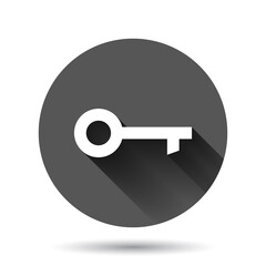Key icon in flat style. Password vector illustration on black round background with long shadow effect. Access circle button business concept.