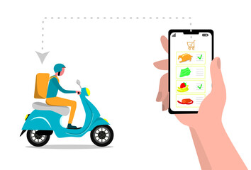 express food delivery, delivery on a moped, food ordering concept, online store, online supermarket, order food, courier, delivery man, online order, phone, stock vector illustration isolated on white