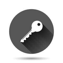 Key icon in flat style. Password vector illustration on black round background with long shadow effect. Access circle button business concept.