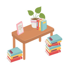 sweet home table with books plant and frame decoration isolated design