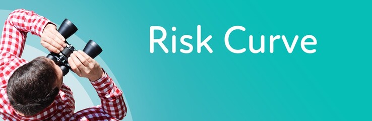 Naklejka premium Risk Curve. Businessman (man) looks through binoculars. Birds eye view. Focus on text. Blue Background. Business, Finance, Statistics, Analysis, Economy