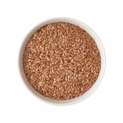 Siemię lniane w misce widok z góry, wyizolowane białe tło