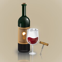 Wine bottle glass and corkscrew