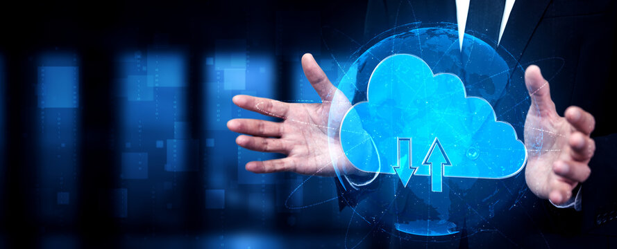 Cloud computing technology and online data storage for business network concept. Computer connects to internet server service for cloud data transfer presented in 3D futuristic graphic interface.