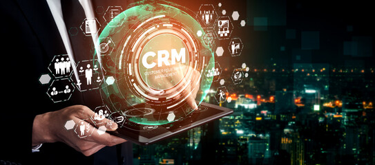 CRM Customer Relationship Management for business sales marketing system concept presented in futuristic graphic interface of service application to support CRM database analysis.