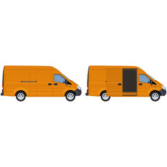 A yellow van with closed and open side door. Concept for delivery service, cargo transportation, ambulance. Vector illustration.