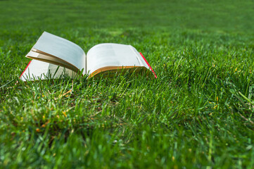 Open red book with spread pages on green grass lawn outside
