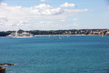 View from the ramparts at ferry and the town of Dinard. Saint Malo, Brittany, France