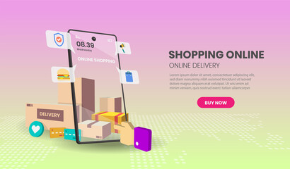 Online Shopping templates service for food and package online shopping delivery service. 3d vector illustration.