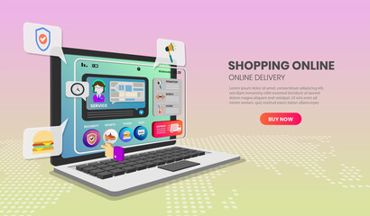 Online Shopping templates for Laptop app page.For web banner, infographics, hero images. vector illustration.