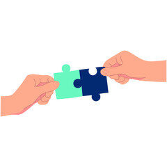 Puzzle and hand for illustration of sharing idea or brainstorming in colaboration project team. Symbol of teamwork, cooperation flat design icon. Vector illustration. Design on white background. EPS10