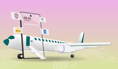 Shopping Online on Website or Mobile with plane Application vector illustration.