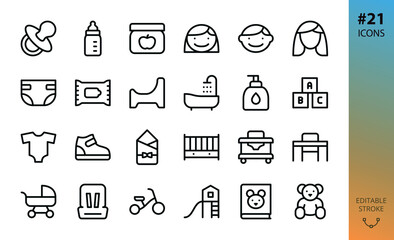 Baby shop isolated icons set. Set of dummy nipple, milk bottle, baby food, child shoes and clothes, baby walker, diaper, baby car seat, teddy bear, cycle, table and chair set, bath outline vector icon