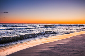 Travel photography of the Baltic sea coastline.Amazing sunrise over the Sea. Jastrzebia Gora, Poland.