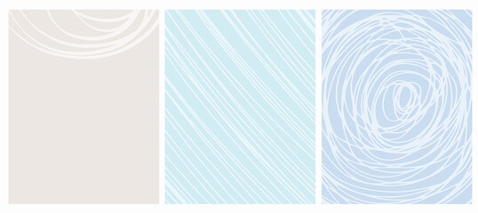 Set o 3 Abstract Geometric Layouts. Irregular Hand Drawn Scribbles on Blue and Light Gray Backgrounds. Funny Simple Creative Design. Infantile Style Stripes and Mesh Graphic.