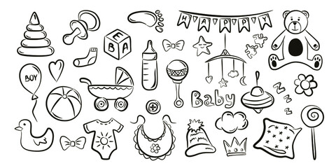 Baby hand drawn doodle set. Vector illustration for backgrounds, web design, design elements, textile prints, covers