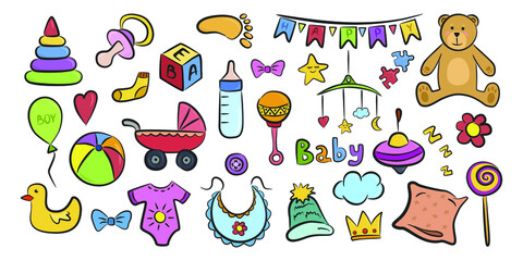 Colorful set doodle baby Icons and elements on white background. Isolated drawing vector illustration