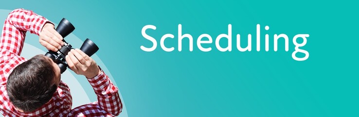 Fototapeta premium Scheduling. Businessman (man) looks through binoculars. Birds eye view. Focus on text. Blue Background. Business, Finance, Statistics, Analysis, Economy