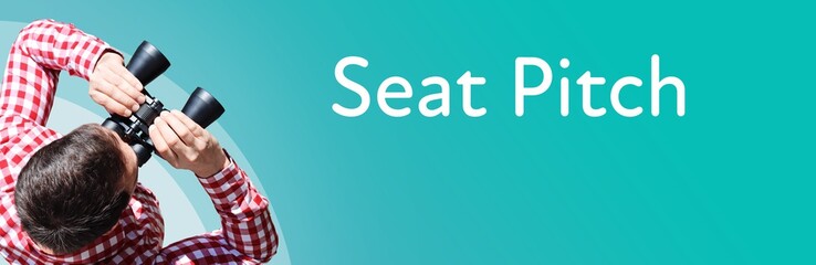Fototapeta premium Seat Pitch. Businessman (man) looks through binoculars. Birds eye view. Focus on text. Blue Background. Business, Finance, Statistics, Analysis, Economy