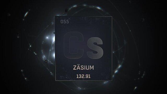 Cesium as Element 55 of the Periodic Table. Seamlessly looping 3D animation on silver illuminated atom design background orbiting electrons name, atomic weight element number in German language